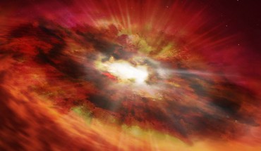 An artist’s impression of a supermassive black hole that is inside the dust-shrouded core of a starburst galaxy. Image credit: NASA / ESA / N. Bartmann.