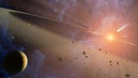 This artist’s conception shows exocomets in a young planetary system. Image credit: NASA / JPL-Caltech.