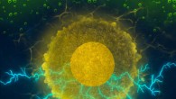 The green fuel (alcohol) is represented by the green-colored droplets at the top of the image, which upon interacting with curcumin enveloped gold nanoparticles, efficiently yield energy (white-colored sparks at the bottom of the image). Image credit: Sri Sai Prasad Nayak / Lakshman Ventrapragada.