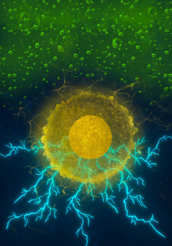 The green fuel (alcohol) is represented by the green-colored droplets at the top of the image, which upon interacting with curcumin enveloped gold nanoparticles, efficiently yield energy (white-colored sparks at the bottom of the image). Image credit: Sri Sai Prasad Nayak / Lakshman Ventrapragada.