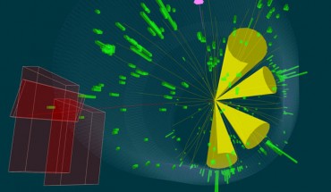 The classical signature of a top-quark pair produced in LHC collisions is four jets (yellow cones), one muon (red line, also detected by the CMS muon detectors as red boxes), and missing energy from a neutrino (pink arrow). Image credit: CERN.