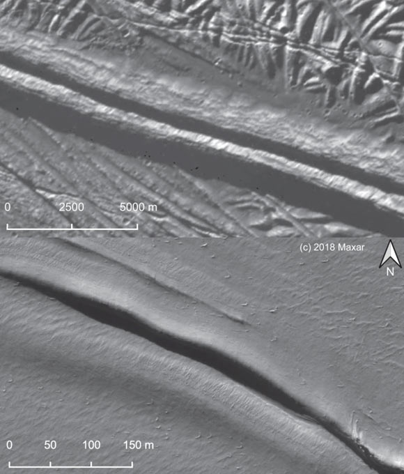 Surface imagery comparison of a double ridge on Europa (top) and Earth (bottom). Image credit: Culberg et al., doi: 10.1038/s41467-022-29458-3.