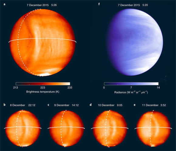 Data from JAXA’s Akatsuki spacecraft showing the brightness temperature and UV brightness of the Venusian disk: (a-f) the brightness temperature (a-e) and UV brightness (f) of the Venusian disk; the bow-shaped structure is an atmospheric gravity wave passing over the surface topography. Image credit: S.R. Kane, doi: 10.1038/s41550-022-01626-x.