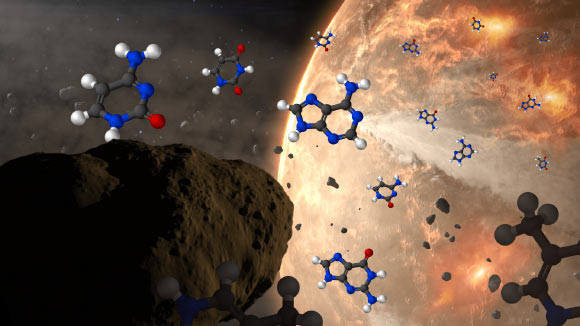 Conceptual image of meteoroids delivering nucleobases to ancient Earth. The nucleobases are represented by structural diagrams with hydrogen atoms as white spheres, carbon as black, nitrogen as blue and oxygen as red. Image credit: NASA’s Goddard Space Flight Center / CI Lab / Dan Gallagher.