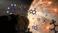 Conceptual image of meteoroids delivering nucleobases to ancient Earth. The nucleobases are represented by structural diagrams with hydrogen atoms as white spheres, carbon as black, nitrogen as blue and oxygen as red. Image credit: NASA’s Goddard Space Flight Center / CI Lab / Dan Gallagher.