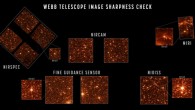 Engineering images of sharply focused stars in the field of view of each instrument demonstrate that the NASA/ESA/CSA James Webb Space Telescope is fully aligned and in focus. For this test, Webb pointed at part of the Large Magellanic Cloud, a small satellite galaxy of the Milky Way, providing a dense field of hundreds of thousands of stars across all the observatory’s sensors. The sizes and positions of the images shown here depict the relative arrangement of each of Webb’s instruments in the telescope’s focal plane, each pointing at a slightly offset part of the sky relative to one another. Webb’s three imaging instruments are NIRCam (images shown here at a wavelength of 2 microns), NIRISS (image shown here at 1.5 microns), and MIRI (shown at 7.7 microns, a longer wavelength revealing emission from interstellar clouds as well as starlight). NIRSpec is a spectrograph rather than imager but can take images, such as the 1.1 micron image shown here, for calibrations and target acquisition. The dark regions visible in parts of the NIRSpec data are due to structures of its microshutter array, which has several hundred thousand controllable shutters that can be opened or shut to select which light is sent into the spectrograph. Lastly, Webb’s Fine Guidance Sensor tracks guide stars to point the observatory accurately and precisely; its two sensors are not generally used for scientific imaging but can take calibration images such as those shown here. This image data is used not just to assess image sharpness but also to precisely measure and calibrate subtle image distortions and alignments between sensors as part of Webb’s overall instrument calibration process. Image credit: NASA / STScI.