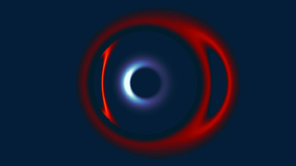 In this simulation of a supermassive black hole merger, the blue-shifted black hole closest to the viewer amplifies the red-shifted black hole in the back through gravitational lensing. Davelaar & Haiman discovered a distinct dip in brightness when the closest black hole passed in front of the shadow of its counterpart, an observation that could be used to measure the size of both black holes and test alternative theories of gravity. Image credit: Jordy Davelaar.