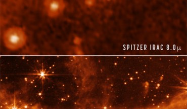 These Spitzer and Webb images show part of the Large Magellanic Cloud. Image credit: NASA / JPL-Caltech / ESA / CSA / STScI.