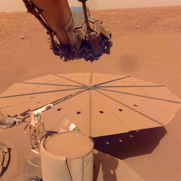 InSight captured this image of one of its dust-covered solar panels on April 24, 2022. Image credit: NASA / JPL-Caltech.
