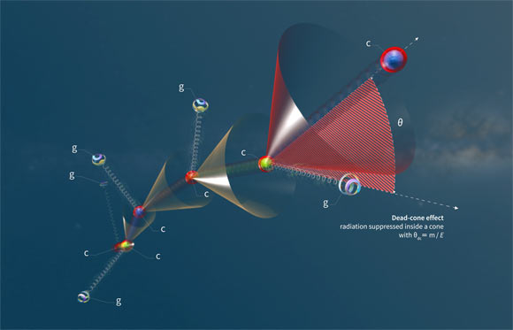 A charm quark (c) in a parton shower loses energy by emitting radiation in the form of gluons (g). The shower displays a dead cone of suppressed radiation around the quark for angles smaller than the ratio of the quark’s mass (m) and energy (E). The energy decreases at each stage of the shower. Image credit: Daniel Dominguez / CERN.