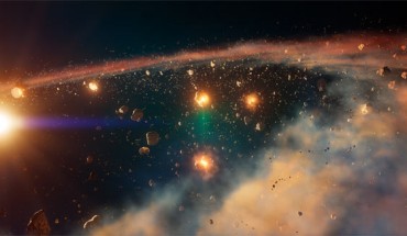 An artist’s impression of the early Solar System as the Solar Nebula begins to disappear, causing asteroids to accelerate and collide. Image credit: Tobias Stierli / Flaeck.