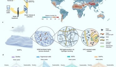 Atmospheric water harvesting (AWH) technology and design principle of super hygroscopic polymer films (SHPFs): (a) key steps of AWH technology; (b) geographic distribution of world average annual relative humidity; regions with less than 40% relative humidity are indicated from brown to red (warm color) regions; (c) material design of SHPFs for AWH at low relative humidity; (d) qualitative comparison of different materials in terms of core requirements for practical application of AWH. Image credit: Guo et al., doi: 10.1038/s41467-022-30505-2.