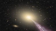 An artist’s impression of a giant galaxy with a high-energy jet. Image credit: ALMA / ESO / NAOJ / NRAO.