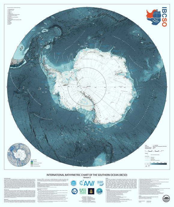 The International Bathymetric Chart of the Southern Ocean Version 2 (IBCSO v2) is a digital bathymetric model for the area south of 50° S with special emphasis on the bathymetry of the Southern Ocean. Image credit: Dorschel et al.