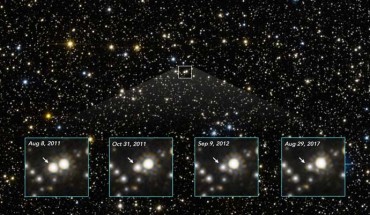 The star-filled sky in this Hubble photo lies in the direction of the Galactic center. The light from stars is monitored to see if any change in their apparent brightness is caused by a foreground object drifting in front of them. The warping of space by the interloper would momentarily brighten the appearance of a background star, an effect called gravitational lensing. One such event, OB110462, is shown in the four close-up frames at the bottom. The arrow points to a star that momentarily brightened, as first captured by Hubble in August 2011. This was caused by a foreground black hole drifting in front of the star, along our line of sight. The star brightened and then subsequently faded back to its normal brightness as the black hole passed by. Because a black hole doesn’t emit or reflect light, it cannot be directly observed. But its unique thumbprint on the fabric of space can be measured through these so-called microlensing events. Image credit: NASA / ESA / Hubble / K. Sahu, STScI / J. DePasquale, STScI.
