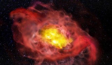 This artist’s conception illustrates the previously unknown complexity of the young galaxy A1689-zD1. Image credit: ALMA / ESO / NAOJ / NRAO / B. Saxton, NRAO, AUI & NSF.
