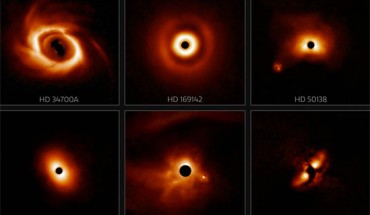 These images of dusty disks around young massive stars were taken with the Gemini Planet Imager (GPI) instrument on the Gemini South telescope, the International Gemini Observatory. Image credit: International Gemini Observatory / NOIRLab / NSF / AURA / E. Rich, Michigan University.