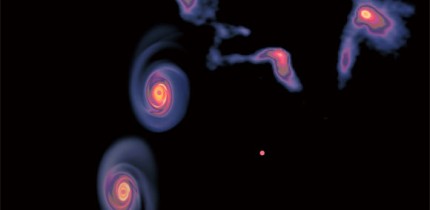 A schematic view of the history of the accretion disk and the flyby object: the three plots starting from the bottom left are snapshots from the numerical simulation, capturing the system right at the flyby event, 4,000 years after, and 8,000 years after, respectively; the top right image is from the ALMA observations, showing the disk with spirals and the two objects around it, corresponding to the system at 12,000 years after the flyby event. Image credit: Lu et al., doi: 10.1038/s41550-022-01681-4.