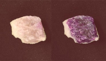 Hackmanite turns purple under UV irradiation, and the color fades back to white in a few minutes under regular white light. Image credit: Mika Lastusaari.