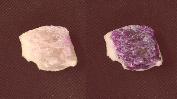 Hackmanite turns purple under UV irradiation, and the color fades back to white in a few minutes under regular white light. Image credit: Mika Lastusaari.