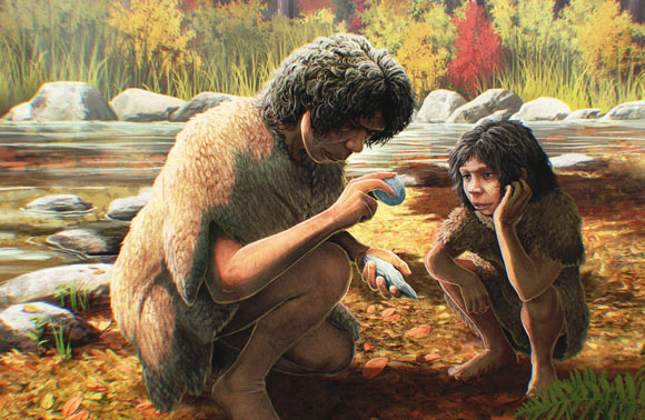 An artist’s reconstruction of Homo heidelbergensis making a flint handaxe. Image credit: Gabriel Ugueto.