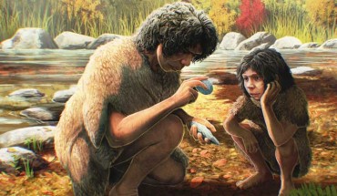 An artist’s reconstruction of Homo heidelbergensis making a flint handaxe. Image credit: Gabriel Ugueto.