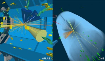 ATLAS (left) and CMS (right) candidate events for a Higgs boson decaying into a pair of tau leptons. Image credit: CERN.