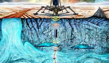 This illustration shows the NASA cryobot concept called Probe using Radioisotopes for Icy Moons Exploration (PRIME) deploying tiny SWIM robots into the ocean miles below a lander on the frozen surface of an ocean world. Image credit: NASA / JPL-Caltech.