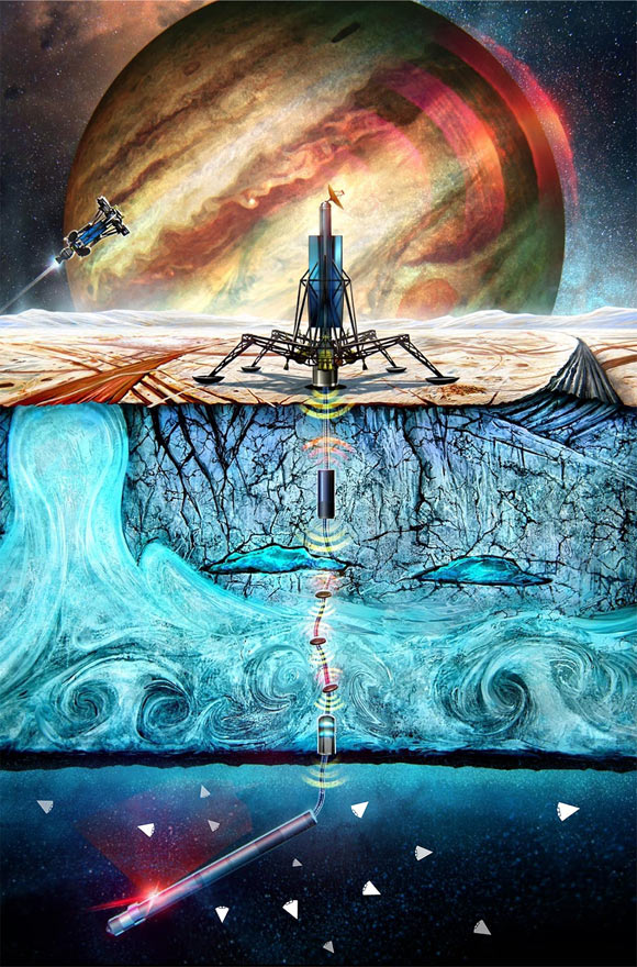 This illustration shows the NASA cryobot concept called Probe using Radioisotopes for Icy Moons Exploration (PRIME) deploying tiny SWIM robots into the ocean miles below a lander on the frozen surface of an ocean world. Image credit: NASA / JPL-Caltech.