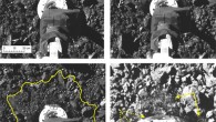 Surface changes around the circumference of TAGSAM: (A) close-up view of the sample collection site just before contact; TAGSAM (round) can be seen at the end of its mechanical arm, and the arrow indicates the 20-cm rock that was first contacted; (B) post-contact image with arrow indicating the lofted debris; (C, D) same image as in (B), with a yellow boundary around the 0.51-m2 area that envelopes surface disturbance (C) and a zoom-in with contrast adjusted to show the lofted debris (solid arrows) and shadows over the lip of the sampler head (dashed arrows) (D). Image credit: Walsh et al., doi: 10.1126/sciadv.abm6229.