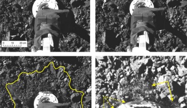 Surface changes around the circumference of TAGSAM: (A) close-up view of the sample collection site just before contact; TAGSAM (round) can be seen at the end of its mechanical arm, and the arrow indicates the 20-cm rock that was first contacted; (B) post-contact image with arrow indicating the lofted debris; (C, D) same image as in (B), with a yellow boundary around the 0.51-m2 area that envelopes surface disturbance (C) and a zoom-in with contrast adjusted to show the lofted debris (solid arrows) and shadows over the lip of the sampler head (dashed arrows) (D). Image credit: Walsh et al., doi: 10.1126/sciadv.abm6229.