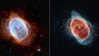 Two cameras aboard Webb captured these images of the Southern Ring Nebula: two stars, which are locked in a tight orbit, shape the local landscape; they are prominent in the image from Webb’s Near-Infrared Camera (NIRCam) on the left, while the image from Webb’s Mid-Infrared Instrument (MIRI) on the right shows for the first time that the second star is surrounded by dust; the brighter star is in an earlier stage of its stellar evolution and will probably eject its own planetary nebula in the future. Image credit: NASA / ESA / CSA / STScI.