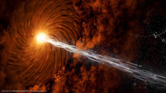 An artist’s illustration of neutrinos originating from a high-energy blazar. Image credit: Benjamin Amend, Clemson University.