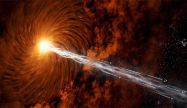 An artist’s illustration of neutrinos originating from a high-energy blazar. Image credit: Benjamin Amend, Clemson University.