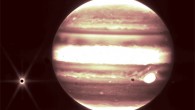 This image from Webb’s NIRCam instrument 2.12 micron filter shows Jupiter (center) and its moon Europa (left). Image credit: NASA / ESA / CSA / B. Holler & J. Stansberry, STScI.