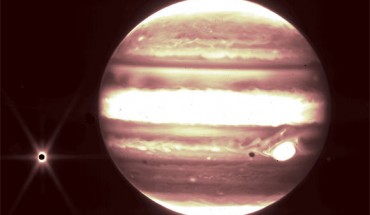 This image from Webb’s NIRCam instrument 2.12 micron filter shows Jupiter (center) and its moon Europa (left). Image credit: NASA / ESA / CSA / B. Holler & J. Stansberry, STScI.