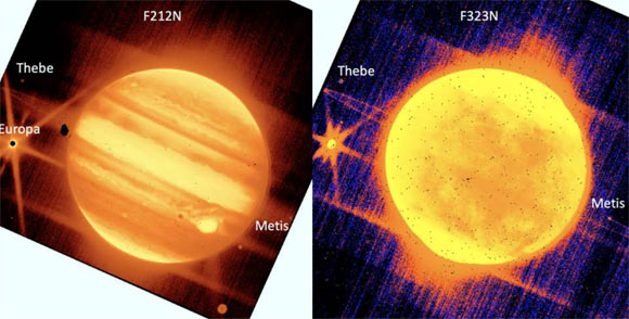 Left: Jupiter (center) and its moons Europa, Thebe, and Metis are seen through the NIRCam instrument 2.12 micron filter. Right: Jupiter and Europa, Thebe, and Metis are seen through NIRCam’s 3.23 micron filter. Image credit: NASA / ESA / CSA / B. Holler & J. Stansberry, STScI.