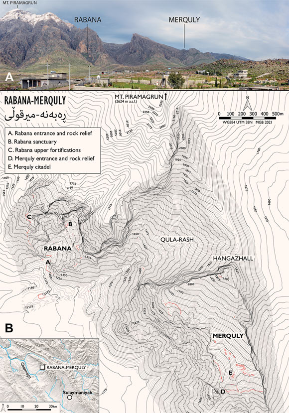 Mount Piramagrun, showing the location of the main Rabana and Merquly settlements. Image credit: Michael Brown / Rabana-Merquly Archaeological Project.