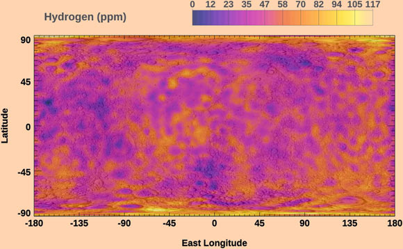The global map of hydrogen abundances on the Moon after corrections for rare-earth element variations were made to the measured epithermal neutron data, and the count rates were calibrated using the linear relation. Image credit: Lawrence et al., doi: 10.1029/2022JE007197.