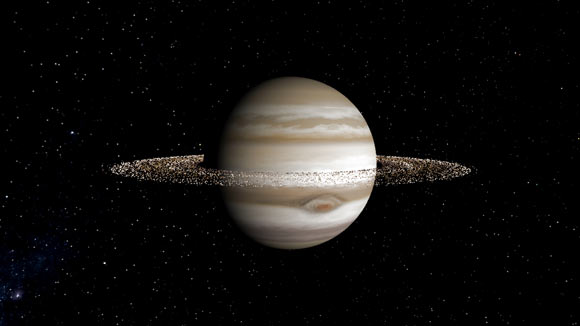 An artist’s rendering of Jupiter with rings that rival Saturn’s. Image credit: Stephen Kane / University of California, Riverside.