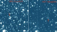 Images of WISE 1810 from the UKIDSS Galactic Plane Survey (left) and NOT ALFOSC (right). The object is indicated by a red arrow. North is up and east left. Each image is about 80 arcsec across. Image credit: Lodieu et al., doi: 10.1051/0004-6361/202243516.