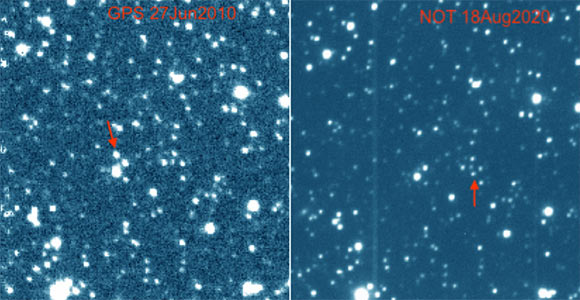 Images of WISE 1810 from the UKIDSS Galactic Plane Survey (left) and NOT ALFOSC (right). The object is indicated by a red arrow. North is up and east left. Each image is about 80 arcsec across. Image credit: Lodieu et al., doi: 10.1051/0004-6361/202243516.
