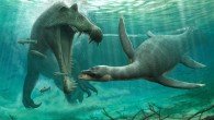 An artist’s impression of Spinosaurus and a plesiosaur in a river. Image credit: Nick Longrich / University of Bath.