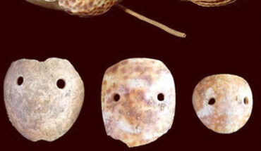 Small-shell version of octopus lures. Upper image: an ethnographic example from Tonga, made with two cowrie shell plates (Cypraea tigris), each with drilled holes, bound onto a gray stone sinker, using plaited sennit fiber, in the collection of the Pitt Rivers Museum, England. Middle and bottom rows: exterior and interior views of three cut and drilled dorsum pieces of Cypraea spp. shells of octopus lures (the ‘early from’ in the Marianas), excavated from the Mariana Islands, specifically from 1100 to 500 BCE at House of Taga (left), 1500 to 1100 BCE at Unai Bapot (center), and 1500 to 1100 BCE at House of Taga (right). Image credit: Carson & Hung, doi: 10.1080/00438243.2021.1930134.