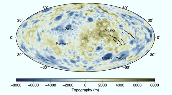This illustration models the topography of Ceres from NASA’s Dawn mission, with green and blue colors. Image credit: King et al., doi: 10.1029/2021AV000571.