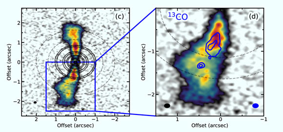 The 13CO emission (blue contours) in a circumplanetary disk embedded in the protoplanetary disk of AS 209. Image credit: Bae et al., doi: 10.3847/2041-8213/ac7fa3.