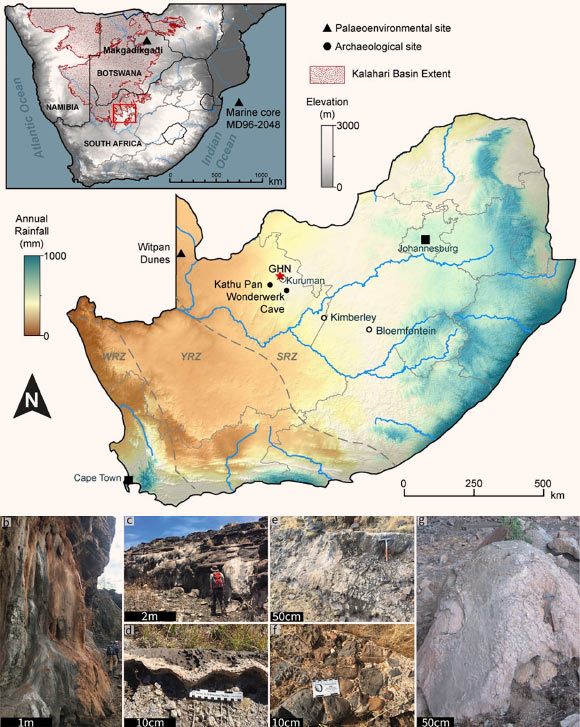 Top: map of South Africa with the location of Ga-Mohana Hill (GHN); inset map shows the approximate extent of the Kalahari Basin in southern Africa and the location of the region of interest in relation to it. Bottom: representative photographs of each of the tufa morphologies identified on the Ga-Mohana hillside. Image credit: von der Meden et al., doi: 10.1371/journal.pone.0270104.
