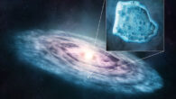 An artist’s illustration of a protoplanetary disk; the insert displays carbon monoxide molecules in the ice phase. Image credit: M. Weiss / Harvard & Smithsonian’s Center for Astrophysics.