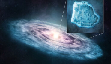An artist’s illustration of a protoplanetary disk; the insert displays carbon monoxide molecules in the ice phase. Image credit: M. Weiss / Harvard & Smithsonian’s Center for Astrophysics.