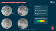 The detailed global map of hydrated mineral deposits on Mars; various landing sites and areas of interest are shown; Mawrth Vallis is an ancient water outflow channel that is rich in clays; Oxia Planum is another clay-rich region and has been selected as the landing site for ESA’s Rosalind Franklin rover; Meridiani Planum straddles the Martian equator and was the landing spot for NASA’s Mars Exploration Rover Opportunity in 2004; Valles Marineris is one of the largest canyons in the Solar System’ Gale crater and Jezero crater were the landing sites of NASA’s Curiosity and Perseverance rovers in 2012 and 2020, respectively. Image credit: ESA / Mars Express / NASA / Mars Reconnaissance Orbiter.